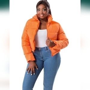 NWT Women's Crop Short Jacket Cropped Puffer Fashion Jacket Size XS in Orange